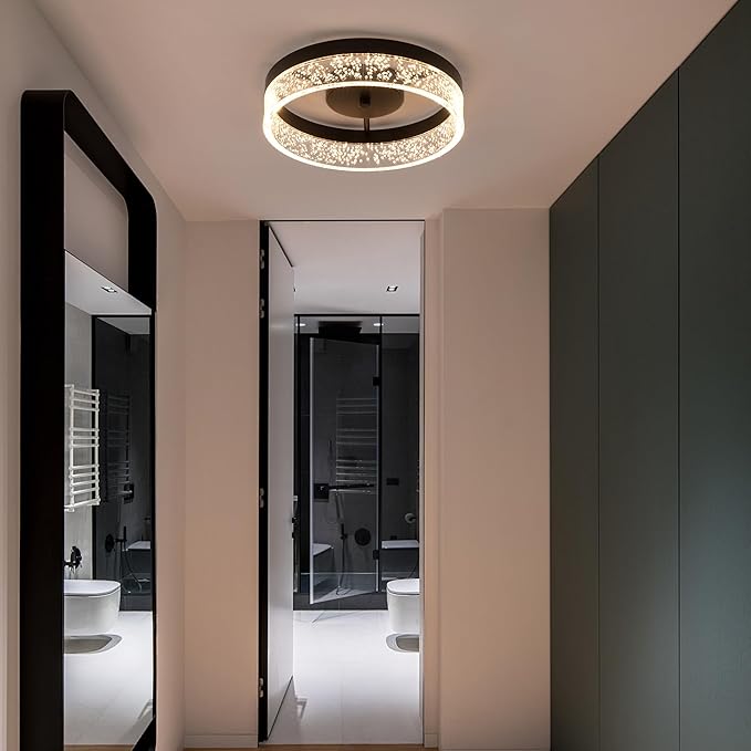 Jaycomey Modern LED Ceiling Light Fixture, 11.65" Black Flush Mount Kitchen Lighting with Clear Seeded Acrylic Lampshade,Round Ceiling Lamp Lights for Dining Room Foyer Hallway