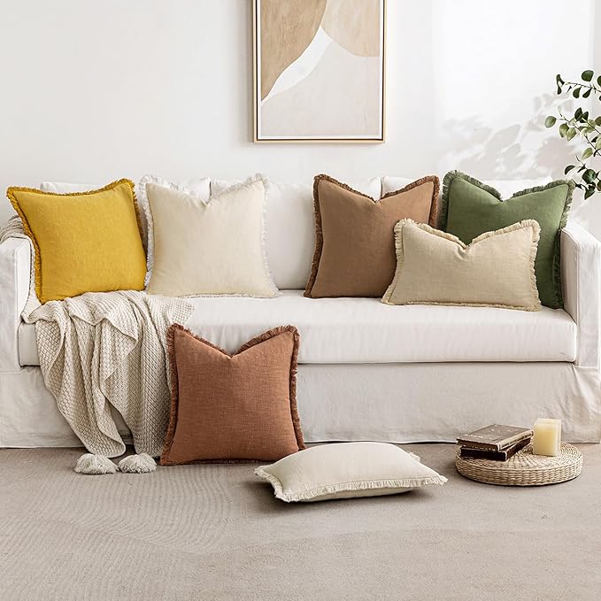 MIULEE Decorative Throw Pillow Covers Neutral Linen Fringe Throw Pillows Set of 2 Mustard Yellow Boho Farmhouse Cushion Covers with Tassels for Couch Sofa Bed Living Room Spring Home Decor 18x18 Inch