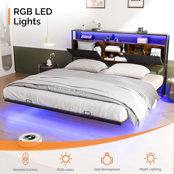 VINGLI King Size Floating Bed Frame with LED Lights and Charging Station, Cozy Hidden Storage Velvet Upholstered Headboard,No Box Spring Needed,Easy Assembly,Black