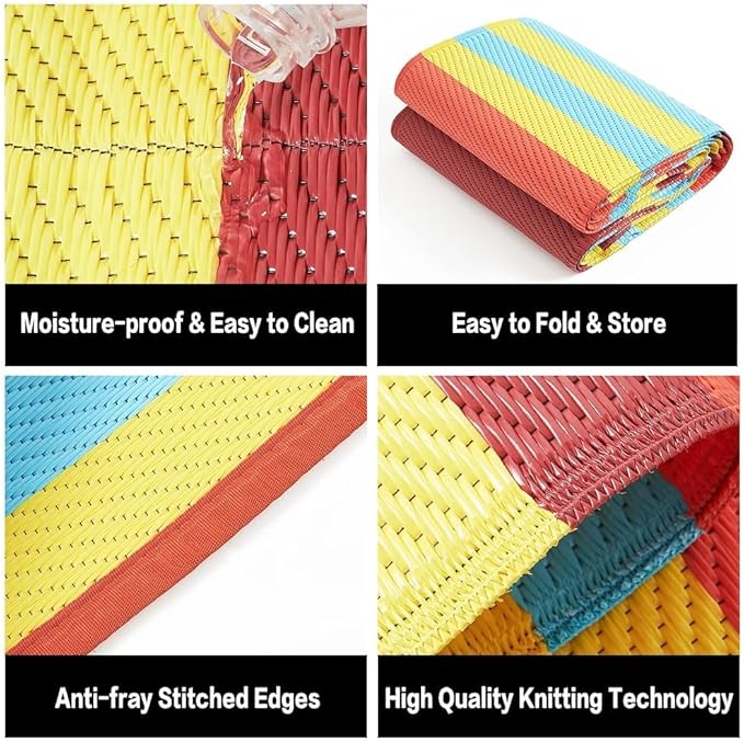 Outdoor Waterproof Rug 6'x9' Plastic Straw Rugs Washable Reversible Floor Mat Rainbow Stripe Carpet for Camping RV Deck Entryance Porch Picnic Balcony Beach Backyard