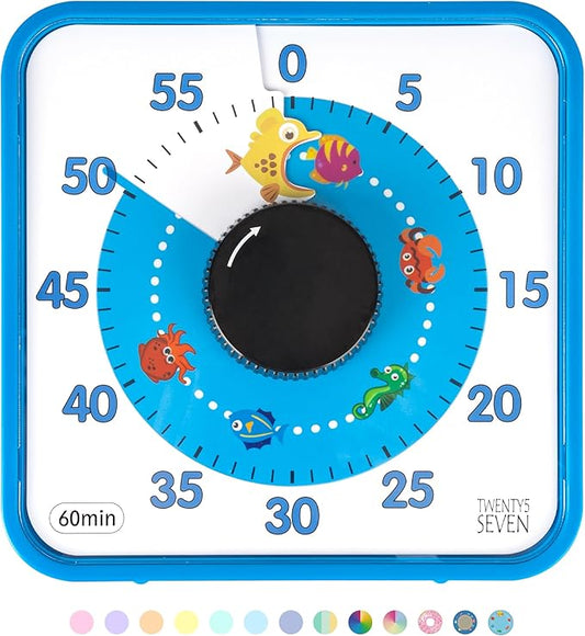 Visual Timer 7.5 inch, 60-Minute Countdown Timer for Kids Classroom Teaching Tool Office Meeting, Mechanical Countdown Clock for Exam Time Management Magnetic Kitchen Timer with Fish Pattern, Blue