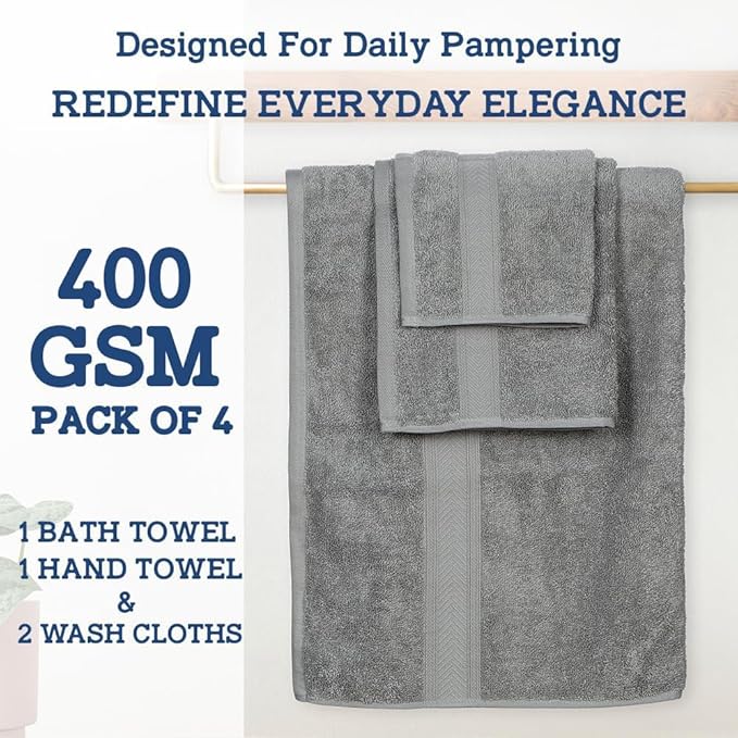 Casa Lino 100% Cotton Bath Towels Set of 4 (1 Bath Towel, 1 Hand Towel & 2 Wash Cloths) - Bathroom Towels and Washcloths Set - Complete Bathroom Set - Guest Room Essentials - (Silver Grey)