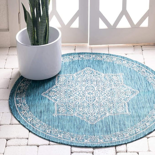 Unique Loom Outdoor Traditional Collection Area Rug - Antique (4' 1" Round, Teal/ Gray)
