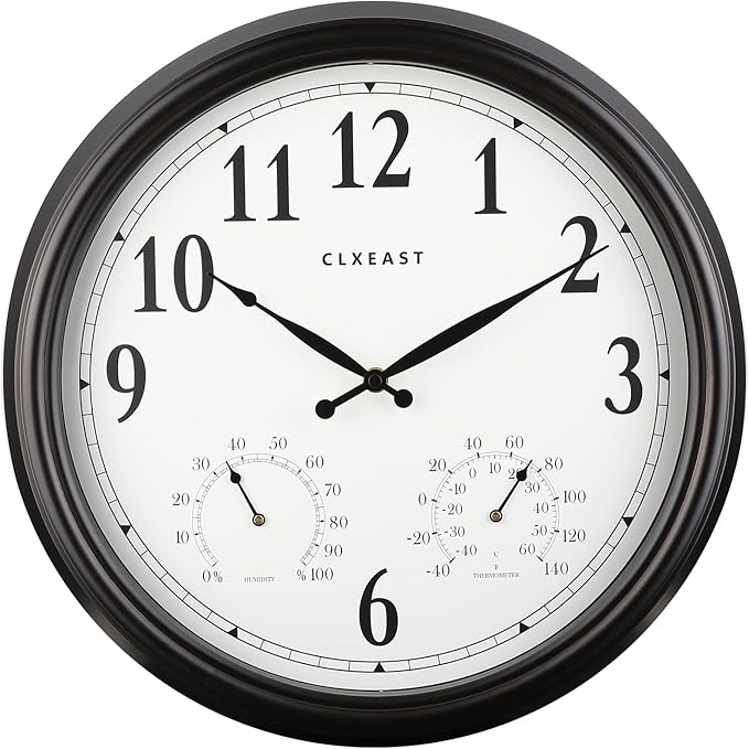 CLXEAST Indoor Outdoor Clocks Waterproof 16 Inch, Large Outdoor Clock with Temperature and Humidity for Patio,Porch,Pool,Oil Rubbed Bronze Black Finish,House Warming Gifts New Home