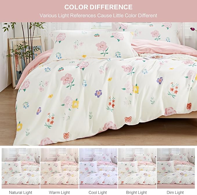 SAPHREAS Pink Floral Duvet Cover Set King Size Colorful Flowers White Bedding Comforter Cover Set 100% Cotton 1 Duvet Cover 104"x90" 2 Pillow Shams, Comforter Not Included