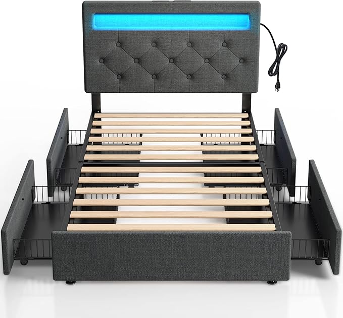 Rolanstar Twin Bed Frame with Charging Station and LED Lights, Upholstered Bed with Adjustable Headboard and 4 Storage Drawers, No Box Spring Needed, Easy Assembly, Dark Gray