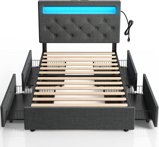 Rolanstar Twin Bed Frame with Charging Station and LED Lights, Upholstered Bed with Adjustable Headboard and 4 Storage Drawers, No Box Spring Needed, Easy Assembly, Dark Gray
