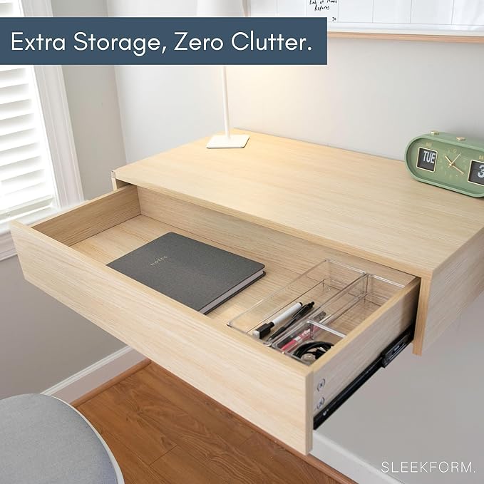 Sleekform Floating Desk for Wall with Drawer - 30x16x6 in. Floating Drawers, Wall Mounted Desk or Vanity Makeup Table, Modern White Oak Patterned Laminate
