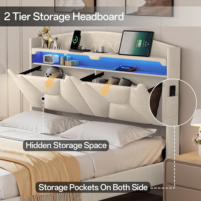 Queen Size Bed Frame with Storage Headboard, Queen Bed Frame with 2 Drawers, Upholstered Platform Bed with Charging Station and LED Lights, Easy Assembly, Beige