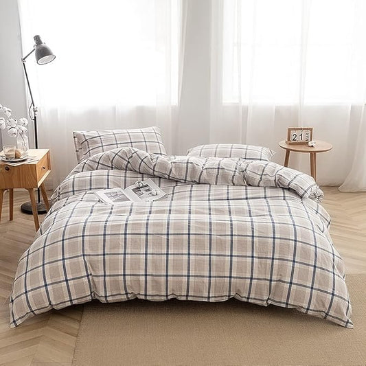 FACE TWO FACE Bedding Duvet Cover Set 3 Pieces 100% Washed Cotton Duvet Cover Linen Like Textured Breathable Durable Soft Comfy (California King,Blue Grid)