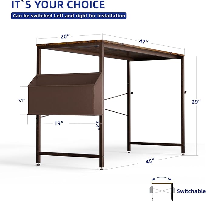 Pamray 47 Inch Computer Desk for Small Spaces with Storage Bag, Home Office Work Desk with Headphone Hook, Small Office Desk Study Writing Table