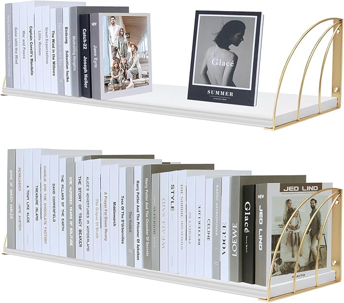 Thicked 0.71 in Heavy Duty White and Gold Shelves Pine Wood Large 36 Inch Gold Shelf with Elegant Lines,White Gold Floating Shelves,White Gold Wall Shelf for White Floating Bookshelf Set of 2.