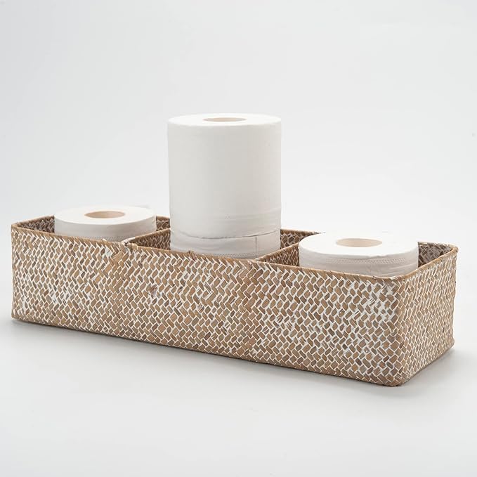 Whitewash Seagrass Toilet Tank Basket with 3 Section, Toilet Paper Basket for Bathroom Organizing, Storage Basket for Kitchen, Dresser (16.5x5.7x3.5 inch)