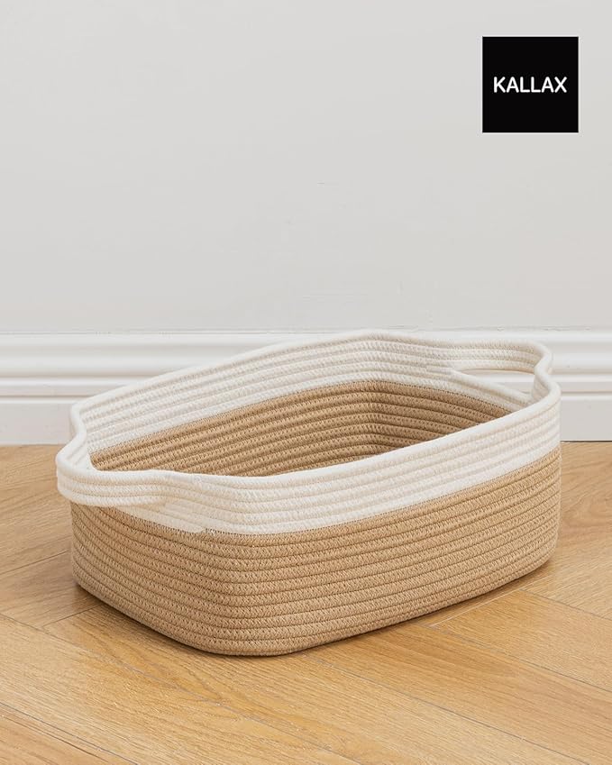 KALLAX Small Woven Basket, 14 x 10 x 5.6 Inches, Small Storage Baskets for Organizing, Gift Baskets Empty, Cute Rope Shelf Closet Storage Bins for Shelves, Dog Toy Basket, White & Brown
