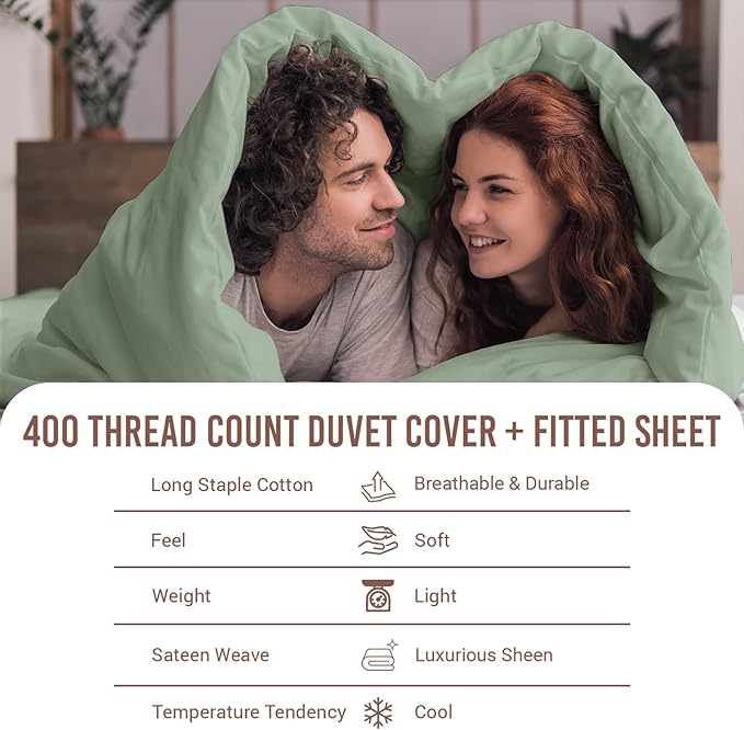 Pizuna 100% Cotton Twin 2 Pc Duvet Cover + 1 Pc Fitted Sheet Set 400 Thread Count Sea Foam Sateen Weave Luxurious Long Staple Cotton 4 Piece Bedding Set - 1 Duvet Cover, 1 Pillow Sham, 1 Fitted Sheet