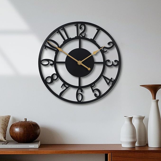Wall Clock Battery Operated,Silent Non Ticking Modern Rustic Metal Small Clocks for Living Room/Bedroom/Office/Kitchen/Farmhouse Home Decor-10IN(Arabic Number-Black)