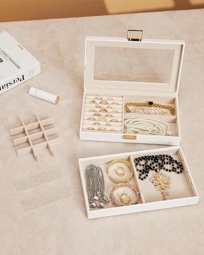 Homde Jewelry Tray Stackable Jewelry Box Drawer Organizer with Glass Lid, Removable Dividers for Vanity Table Gift Idea for Girls and Women (White)