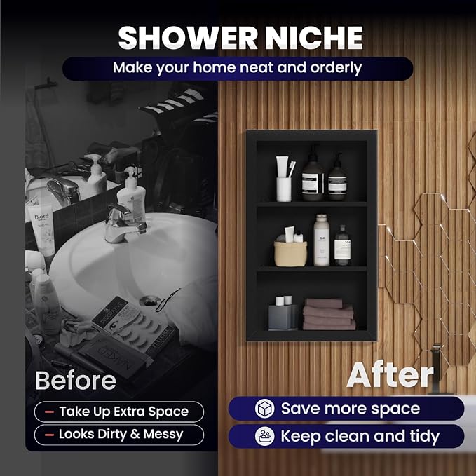 Stainless Steel Shower Niche 14" X 24",3-Tier Shelf Niches Bathroom Shelf Recessed Wall Niche No Tile Needed Shower Shelf for Bathroom Storage(Black, 14 x 24)