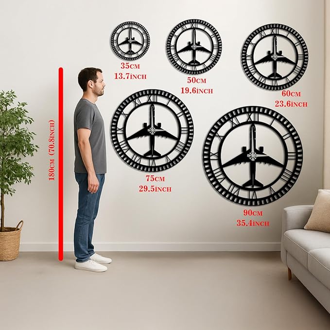 Metal Wall Clock | Airplane Silhouette Design | Roman Numerals | Silent Non-Ticking | Aviation Decor for Pilot, Traveler, Home, Office & Kids Room (35.4"x35.4")
