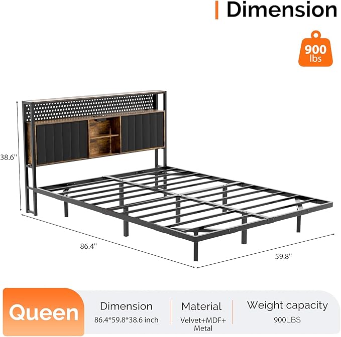 VINGLI Floating Bed Frame Queen with LED Lights and Charging Station,Sturdy Metal Platform Bed,Hidden Storage Velvet Upholstered Headboard,No Box Spring Needed,Easy Assembly