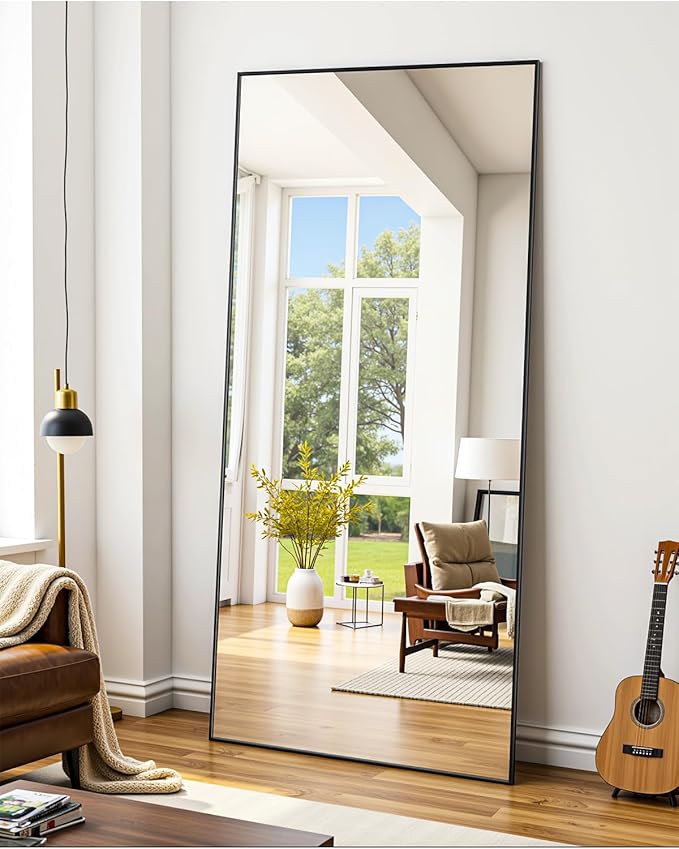 Suidia Full Length Mirror, 58"x18" Floor Standing Mirror Freestanding, Full Body Mirrors with Stand for Bedroom, Hanging Mounted for Living Room Cloakroom, Black, Rectangular Style