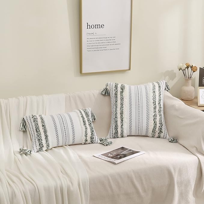 decorUhome Decorative Boho Throw Pillow Cover 20x20, Accent Neutral Textured Tufted Pillow Cover Striped for Couch Bed Sofa, Green and Cream White, Pack of 1
