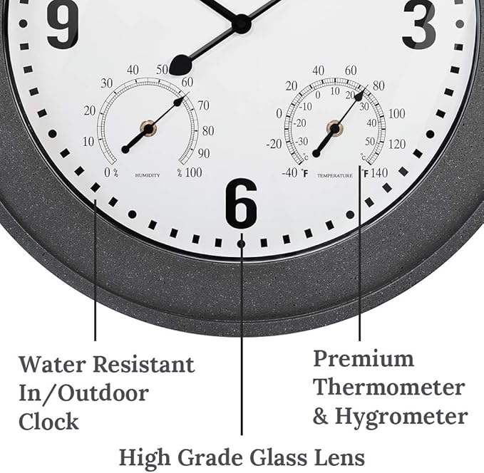 Presentime & Co. 20" Bradford Indoor/Outdoor Farmhouse Clock with Weather Station, Gray Stone Finish
