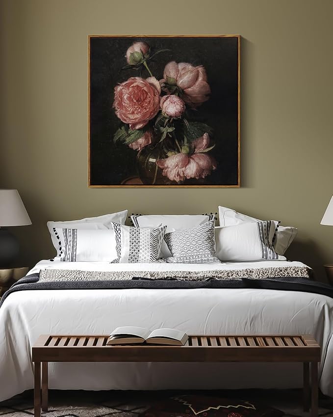 InSimSea Square Framed Canvas Wall Art, Large Decor Vintage Peony Flower Paintings, Floral Wall Pictures for Bedroom Bathroom Living Room, Canvas Prints Artwork, Farmhouse Decor 24"x24"