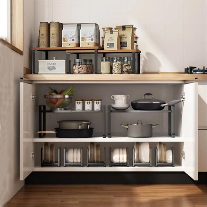 Cabinet Organizer Shelf, Kitchen Counter Storage, 2-Piece Set, Stackable Spice Rack, Metal and Wood (Black and Rustic Brown)