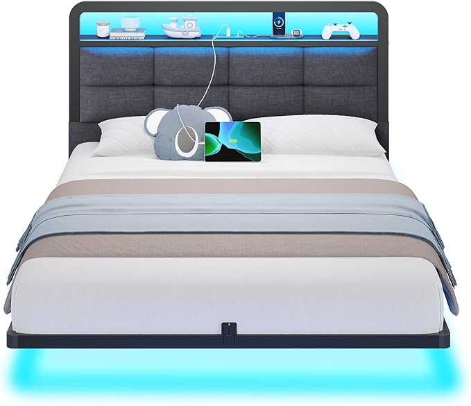 Hasuit Full Floating Bed Frame with Charging Station and LED Lights, Full Size Bed Frame with Wood Storage Headboard, Grey Upholstered Platform Bed, No Box Spring Needed, Noise Free, Easy Assembly