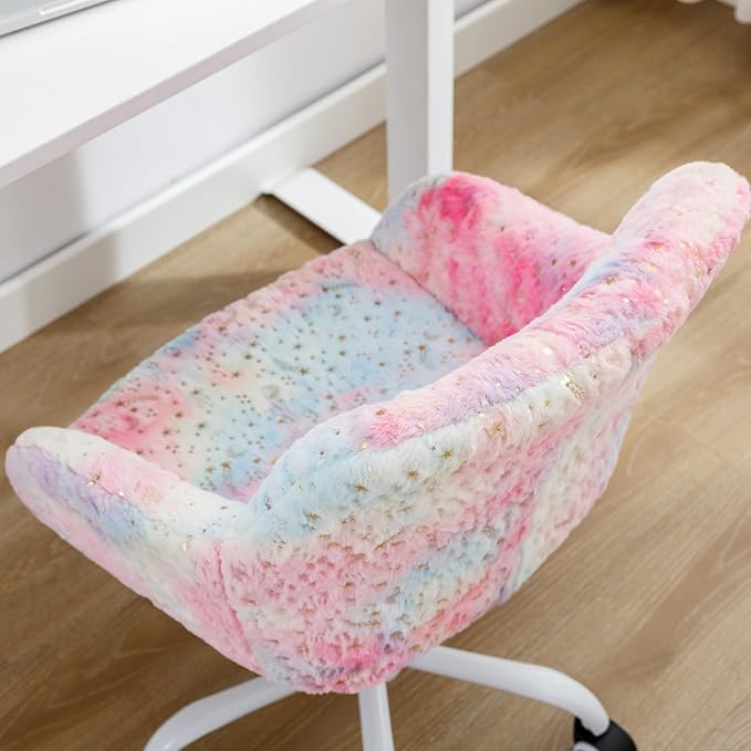 DUOMAY Kids Desk Chair, Faux Fur Colorful Upholstered Computer Chair for Boys and Girls, Cute Study Swivel Height Adjustable Arm Chair for Child