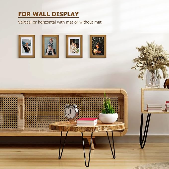 KINLINK 4x6 Picture Frame Brown, Solid Wood Frames with Acrylic Plexiglass for 3.5x5 with Mat or 4x6 without Mat, Tabletop and Wall Display Photo Frame, Set of 4