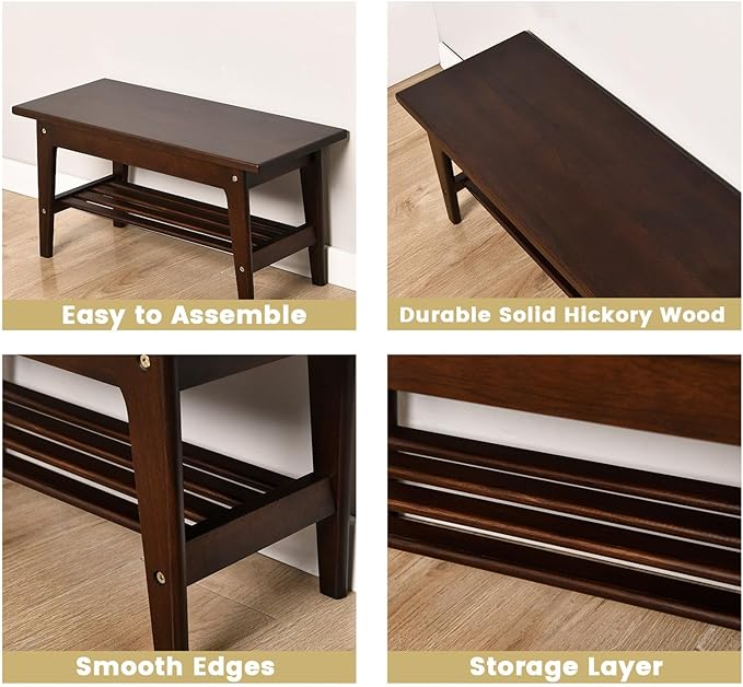 CONSDAN Wood Shoe Bench Rack, USA Grown Hickory, Entryway Bench with Shoe Storage, Mud Room Bathroom, Front Door, Outdoor/Indoor, Dark Walnut(Black)