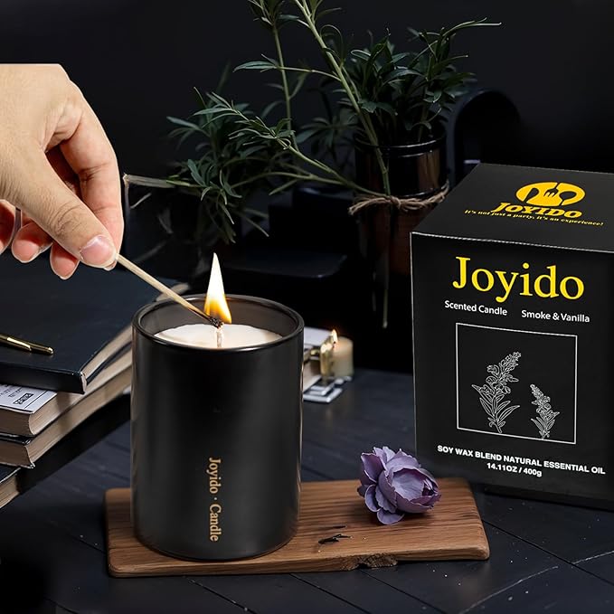 14OZ Vanilla & Smoke Scented Candle - Aromatherapy Candles with Lid - Soy Candles for Home Scented - Luxury Ceramic Jar Candles for Bedroom Kitchen Home Decor, Housewarming Party