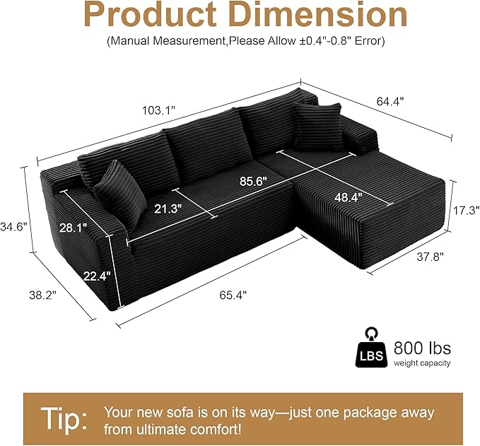 105''Sectional Cloud Couch with L Shaped Chaise,Modern Modular Sectional Sofa,Comfy Sectional Couches for Living Room,Bedroom,Apartment (Black, Right Facing Chaise)