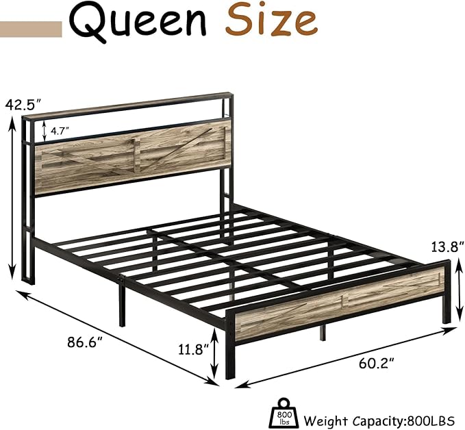 Queen Bed Frame with Headboard, Queen Bed Frames with Outlets and LED Lights, Rustic Bed Frame with Storage Headboard, Farmhouse Barn Door Design, Noise Free, No Box Spring Needed, Wash Grey