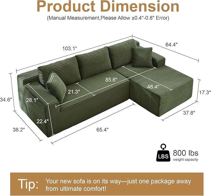 105''Sectional Cloud Couch with L Shaped Chaise,Modern Modular Sectional Sofa,Comfy Sectional Couches for Living Room,Bedroom,Apartment (Green, Right Facing Chaise)