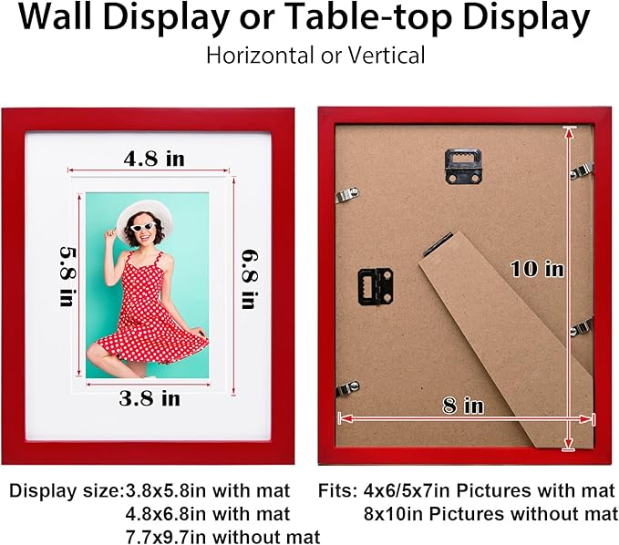 KINLINK 8x10 Picture Frames Red, Solid Wood Frames with Acrylic Plexiglass for Pictures 4x6/5x7 with Mat or 8x10 without Mat, Tabletop and Wall Display Photo Frame, Set of 4