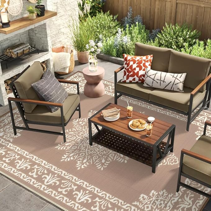Yamaziot Outdoor Rug 9x12 Ft, Waterproof Plastic Straw Patio Rug, Reversible Backyard Carpet UV Resistant Portable RV Mat Clearance, Large Indoor Outdoor Rug for Patio, Porch, Deck, Balcony, Brown