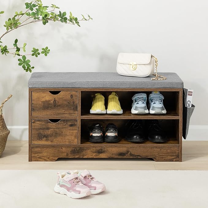 WelFurGeer Shoe Bench Entryway with Storage, Shoe Rack with Bench, Entryway Bench with Shoe Storage, Entryway Shoe Bench with Cushion, Brown + Gray