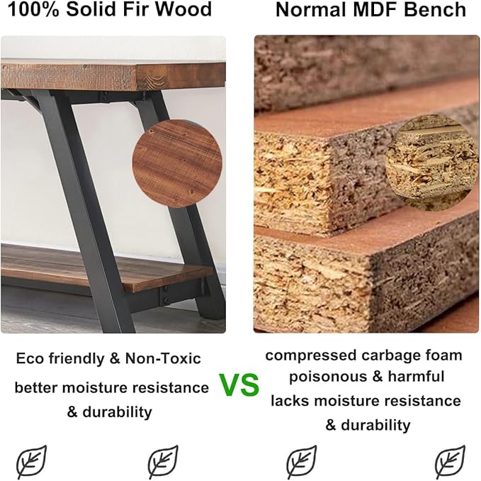 IBF Solid Wood Entryway Bench, Natural Real Wood Storage Bench, Farmhouse Wooden Shoe Bench in Entry Way Hallway Foyer Rack, Bedroom Bench Seat for Living Bed Mud Room Indoor, Rustic Brown, 47 Inch