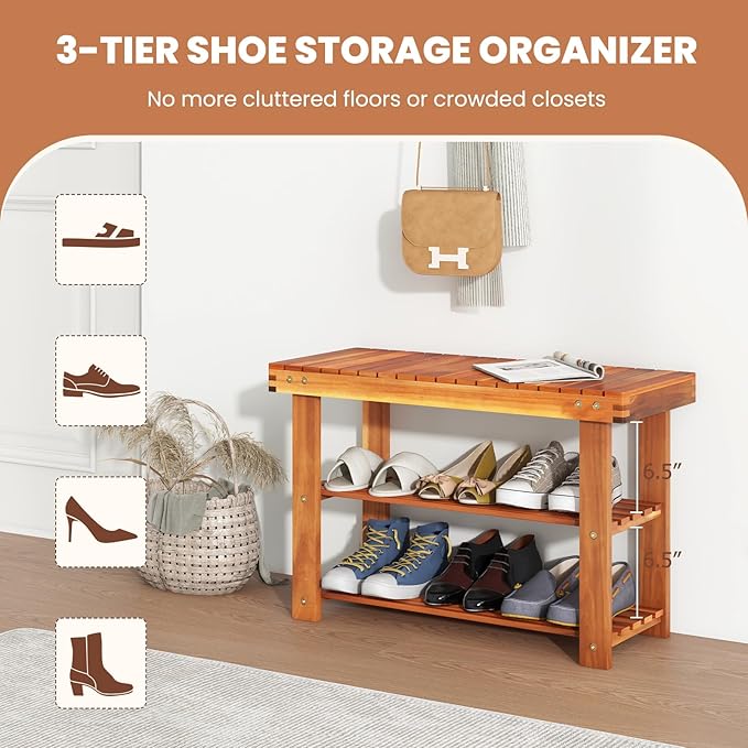 Tangkula Acacia Wood Shoe Rack Bench, 3 Tier Sturdy Storage Organizer, Holds up to 180lbs for Entryway Bedroom Living Room Balcony, Teak Color (27.5-inch)