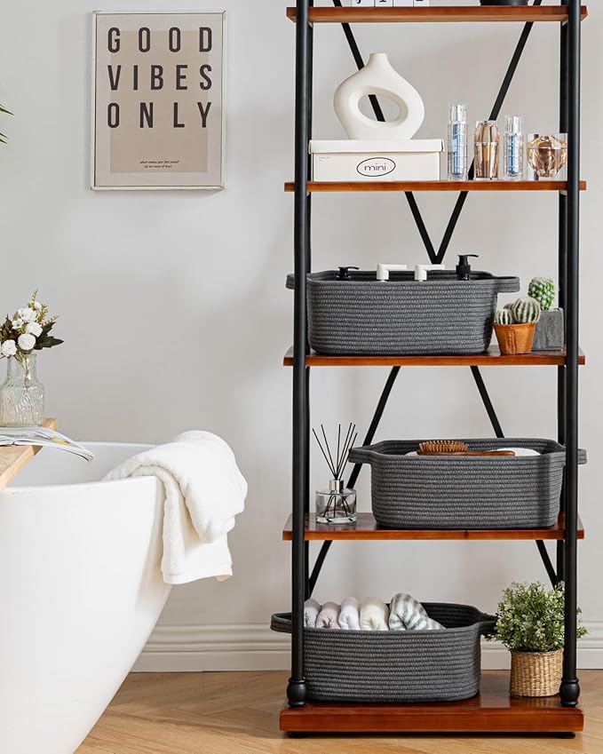 KALLAX Small Woven Basket, 14 x 10 x 5.6 Inches, Small Storage Baskets for Organizing, Gift Baskets Empty, Cute Rope Shelf Closet Storage Bins for Shelves, Dog Toy Basket, Dark Grey