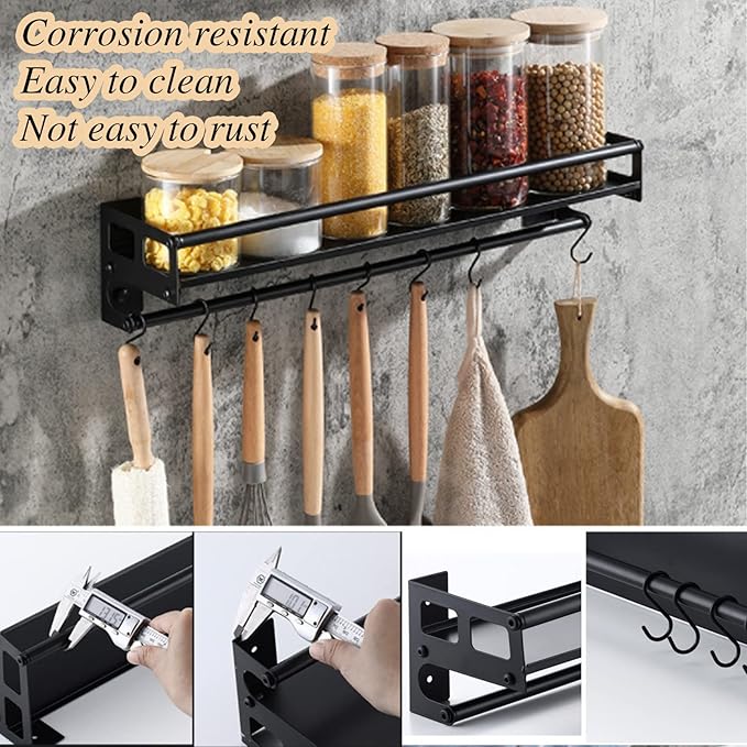 Wall Mount Storage Holder,Stainless Steel Strong Shelf with 6 Removable Hooks, Spice Rack Organizer,Kitchen Organizer Shelf, Space Saving Spice Rack and Kitchen Storage (black)
