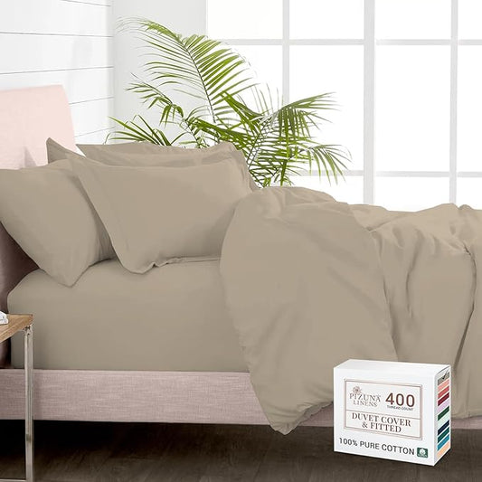Pizuna 100% Cotton Queen 3 Pc Duvet Cover + 1 Pc Fitted Sheet Set 400 Thread Count Simply Taupe Sateen Weave Luxurious Long Staple Cotton 4 Pc Bedding Set-1 Duvet Cover,2 Pillow Shams,1 Fitted Sheet