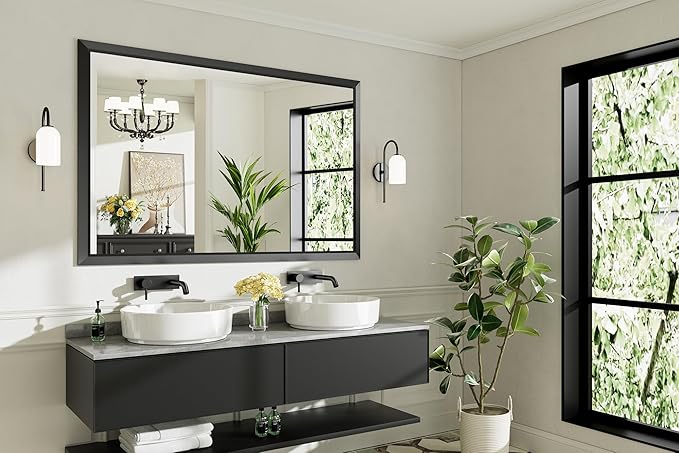 60x40 Inch Black Bathroom Mirror for Wall, Thick Metal Framed Rectangle Mirrors for Over Sink, Bedroom, Living Room, Entryway, Anti-Rust, HD Tempered Glass