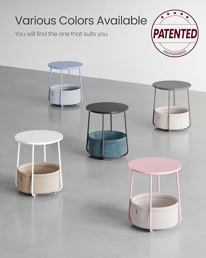 VASAGLE Small Round Side End Table, Modern Nightstand with Fabric Basket, Cement Gray and Cream White ULET223G49