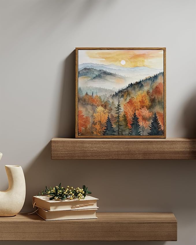 InSimSea Square Framed Canvas Wall Art, Nature Scenery Decor Farmhouse Quiet Forest Awakening Wall Art Prints, Autumn Fall Classical Retro Living Room Bedroom Office Home Decor 12"x12"