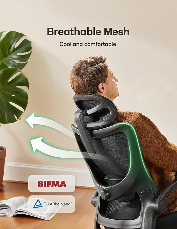 Marsail Ergonomic Office Chair with Headrest Mesh Office Computer Desk Chair with Adjustable Lumbar Support Rolling Work Swivel Task Chairs with Wheel 3D Armrests