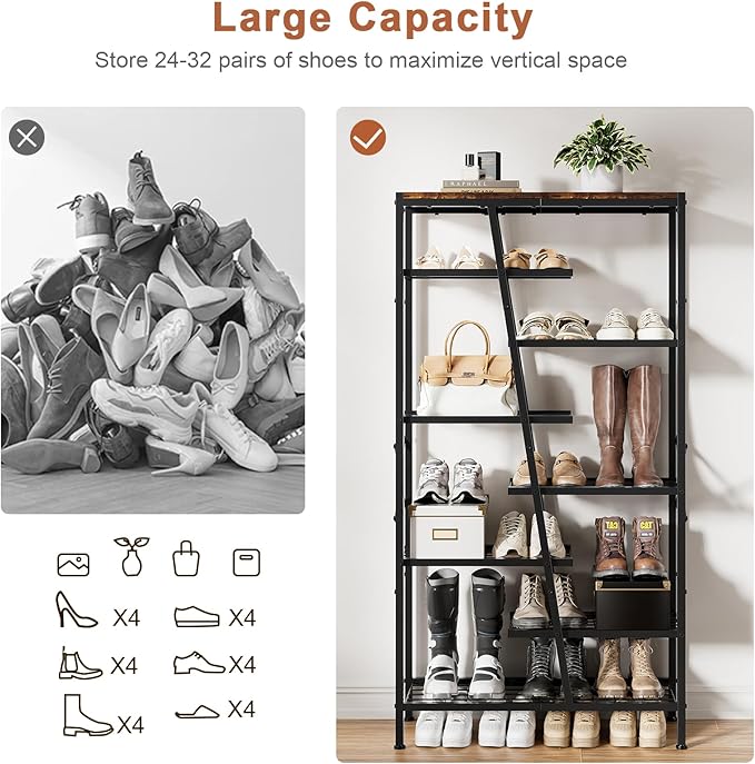 Shoe Rack, 8 Tier Boot Rack, Wooden Storage Organizer for Tall Boots, Large Capacity Metal Shoe Shelf Holds 12-15 Pairs of Shoes, Durable and Stable, for Entryway, Closet, Rustic Brown